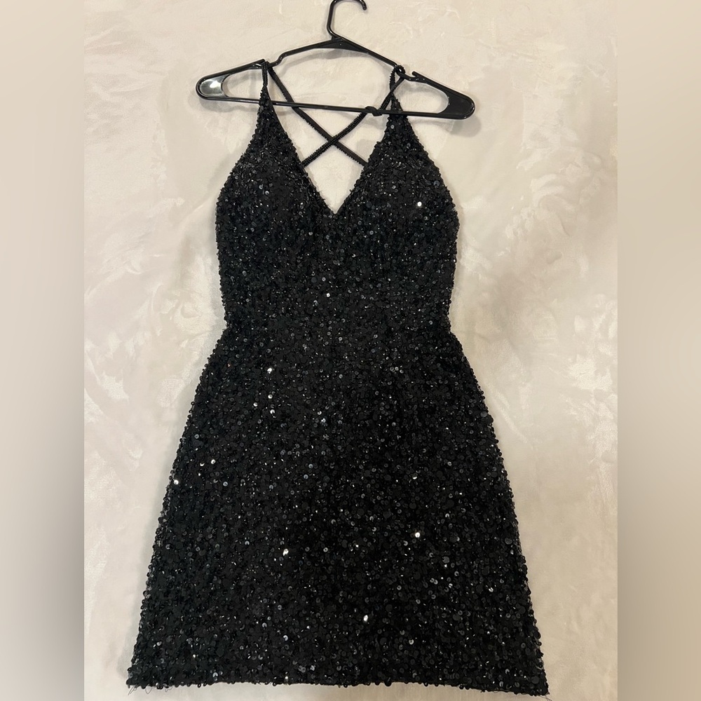 Scalia Black Sequin V-Neck Spaghetti Strap Dress